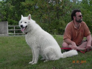 Sam, the dog and his owner listen to poem reading